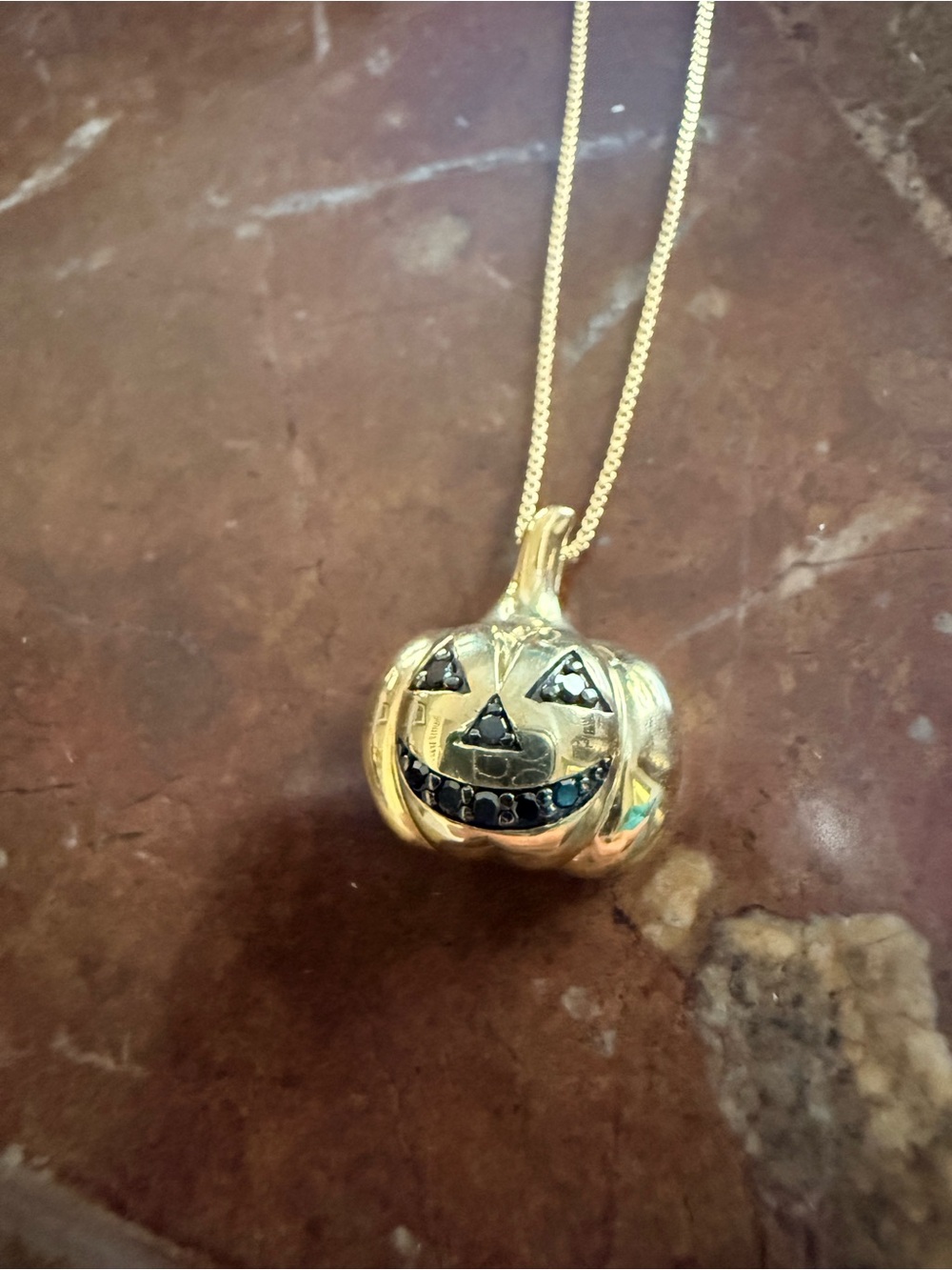 Gold Over Sterling Silver  Jack-O'-Lantern Pendant Necklace with Black Zirconia